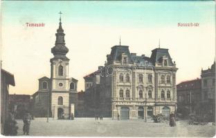 1911 Temesvár, Timisoara; Kossuth tér, templom, Csendes és Fischer üzlete / square, shop, church