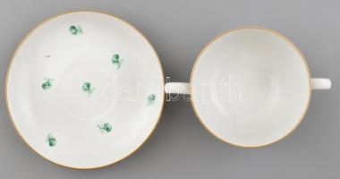 Herendi zöld virág mintás porcelán csésze két füllel és aljjal, kézzel festett, jelzett az az aljon ...