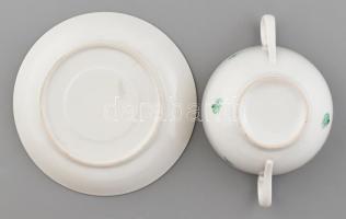 Herendi zöld virág mintás porcelán csésze két füllel és aljjal, kézzel festett, jelzett az az aljon ...