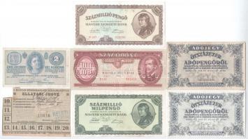 6db-os magyar bankjegytétel, közte 1914 2K + ~1945. Magyar Közszolgálati Alkalmazottak ellátási jegye T:III