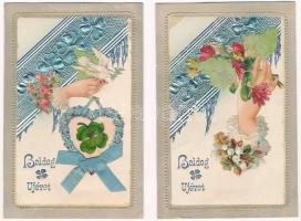 2 db RÉGI rátétes dombornyomott litho üdvözlő motívum képeslap / 2 pre-1910 embossed litho greeting motive postcards
