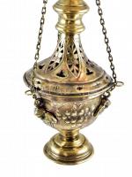 Antik, réz füstölő, gazdagon díszített, puttófejes. 68 cm