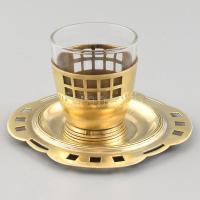 Art deco Argentor kávés pohár tartó rézből, alátéttel, hozzá való üveg betéttel. d: 11 cm