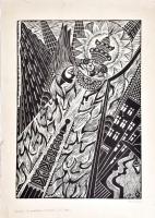 Tavaszy Noémi (1927-2018): Bartók, A csodálatos mandarin, 1981. Linómetszet, papír, jelzett és datált, lap szélén szakadásokkal és foltokkal, 50×35 cm