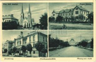 1939 Törökszentmiklós, Római katolikus templom, Polgári fiúiskola, Járásbíróság, Almásy utca és kastély. Kongorácz János kiadása