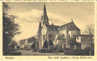 1942 Munkács, Mukacheve, Mukacevo; Római katolikus templom, Horthy Miklós út, autóbusz / church, street, autobus