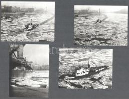 cca 1950 Tolna gőzös jégzajláskor Budapesten, 4 db fotó, albumlapra ragasztva, 9,5×12 cm