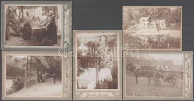 cca 1880 Életképek (férfiak kocsin, csónakkikötő, mosó asszonyok, stb.), 5 db, 9,5×14 cm
