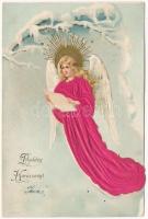 1899 (Vorläufer) Boldog Karácsonyt. Dombornyomott litho angyal, selyemlap / Christmas, angel. Embossed silk card litho