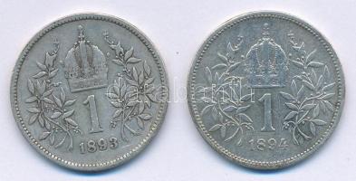 Ausztria 1893-1894. 1K Ag "Ferenc József" (2x) T:2-,3 Austria 1893-1894. 1 Corona Ag &quot...