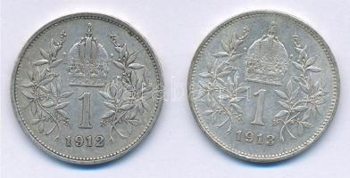 Ausztria 1912-1913. 1K Ag "Ferenc József" (2xklf) T:2,2- patina Austria 1912-1913. 1 Coron...