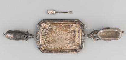 Ezüstözött alpakka malacos sószóró és fűszertartó pár üveg betéttel, tálcával, kis lapáttal. 7 cm, 9...