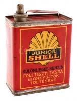 cca 1930-40 Junior Shell különleges benzin, logóval illusztrált fém doboz, kissé kopott, m: 11,5 cm