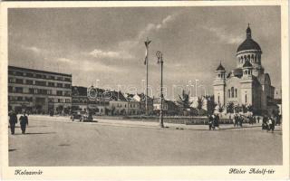 1942 Kolozsvár, Cluj; Hitler Adolf tér, Országzászló, automobil / square, Hungarian flag, automobile