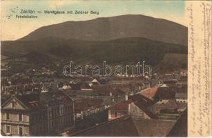1918 Feketehalom, Zeiden, Codlea; Marktgasse mit Zeidner Berg / látkép / general view (Rb)