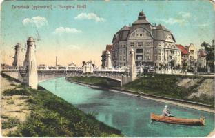 1915 Temesvár, Timisoara; Gyárváros, Hungária fürdő, híd, csónak. Feder R. Ferenc felvétele és kiadása / spa, bath, bridge, rowing boat (EM)