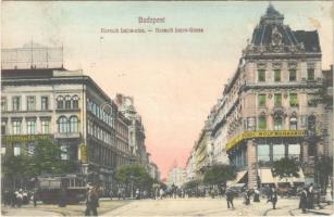 1910 Budapest V. Kossuth Lajos utca, villamos, Berényi és Frankl, Wolf Ruhaáruház üzlete