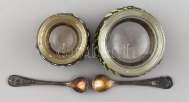 2 db zománcozott orosz kaviár tartó, üveg betéttel, kis kanállal d: 6 cm, d: 4 cm