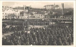 1938 Léva, Levice; bevonulás, tábori mise a Kossuth téren, Országzászló. Hajdu felvétele / entry of the Hungarian troops, field mass, Hungarian flag + &quot;1938 Léva visszatért&quot; So. Stpl.