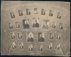 1909-1910 A balassagyarmati főgimnázium érettségiző tanulói és érettségiztető tanára, tablófotó, sérült, vágott, 17×21,5 cm