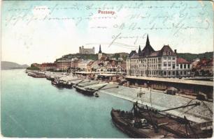 1908 Pozsony, Pressburg, Bratislava; vár, rakpart, uszályok / castle, quay, barges (EK)
