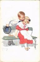 Children art postcard, romantic couple. B.K.W.I. 322-2. s: K. Feiertag (EK)