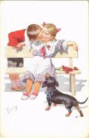 Children art postcard, romantic couple with Dachshund dog. B.K.W.I. 322-5. s: K. Feiertag (EK)