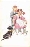 Children art postcard, romantic couple with Dachshund dog. B.K.W.I. 322-6. s: K. Feiertag (EK)