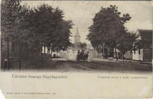 1907 Nagybajom, Somogy-Nagybajom; Templom utca, Római katolikus templom, lovaskocsi. Steiner Ignác és fia kiadása (EM)