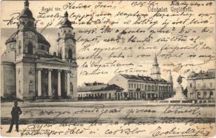 1905 Cegléd, Árpád tér, Református templom, üzletek. Sárik Gyula kiadása (ázott sarok / wet corner)