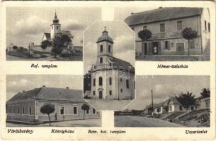 1949 Vörösberény (Balatonalmádi), Református templom, Német üzlete, Községháza, utca, Római katolikus templom (kopott sarkak / worn corners)