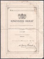 1928 Darabont testőr törzsőrmesteri kinevezés vitéz Igmándy-Hegyessy Géza parancsnok aláírásával 24x29 cm Foltos