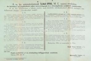 1916 Az italokhoz kiszolgáltatható cukor mennyiségéről szóló rendelet hirdetménye 40x26 cm