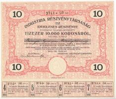 Pécs 1925. Industria Részvénytársaság 10 részvénye egyben, összesen 10.000K-ról, szelvényekkel, szárazpecséttel T:I-