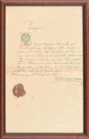 1895 Temesvár, német nyelvű bizonyítvány, töredékes viaszpecséttel, 50 kr okmánybélyeggel, üvegezett keretben