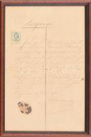 1894 Lugos, német nyelvű bizonyítvány, töredékes viaszpecséttel, 15 kr okmánybélyeggel, üvegezett keretben