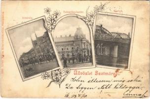 1898 Szatmárnémeti, Szatmár, Satu Mare; Deák tér, Takarékpénztár, üzletek, Vashíd. Löwy Miksa kiadása / square, savings bank, shops, bridge. Art Nouveau, floral (EB)