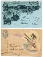 4 db RÉGI képeslap vegyes minőségben. Prága litho, 3 japán művész, gésák / 4 pre-1945 postcards in mixed quality: 1 Prague litho, 3 Japanese art, geishas