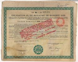 Budapest 1925. Obligation 6% du Royaume de Hongrie 1925 (A Magyar Királyság 6%-os kölcsön kötvénye) francia nyelven, felülbélyegzésekkel, szelvényekkel T:III szakadások, ly.