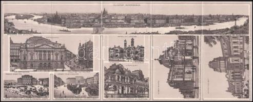 cca 1890 Budapest kihajtható kőnyomatos 10 részes leporello 25 budapesti épületet közöttük a zsinagó...