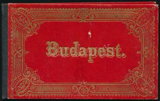 cca 1890 Budapest kihajtható kőnyomatos 12 részes leporello 12 db híres épület, közöttük a zsinagóga képével. szép állapotú aranyozott félvászon kötésben 12x7 cm