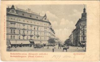 1899 Budapest VII. Rottenbiller utca, Központi szálloda, étterem és kávéház, villamos. Divald Károly 245. sz. (ázott / wet damage)