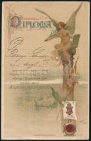 1896 Szecessziós litografált diplomalap az ezredéves országos kiállítás Aranykönyvébe való beírás emlékére, grafika: Basch Árpád, szép állapotban