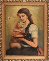 Jelzés nélkül: Lány macskával. Olaj, vászon. Sérült (lyukas). Dekoratív, sérült keretben. 59x46 cm