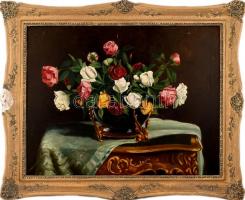 Kassai Varga jelzéssel: Csendélet. Olaj, vászon. Dekoratív, sérült keretben. 58x75 cm