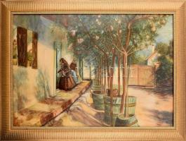 Bözsi jelzéssel: Leanderes udvar. Akvrarell, papír. Dekoratív, üvegezett keretben. 54x80 cm