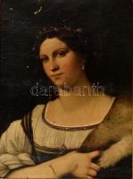 Jelzés nélkül, feltételezhetően XIX sz. festő alkotása reneszánsz mű után. Női portré. Olaj, vászon. Sérült. Dekoratív, historizáló fa keretben. 66,5x52,5 cm