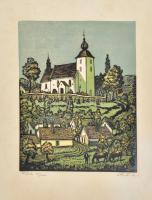 Réti Mátyás (1922-2002): Kis falu. Színes linómetszet, papír, jelzett és számozott (35/100), lap széle kissé foltos, 33x26 cm
