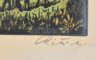 Réti Mátyás (1922-2002): Kis falu. Színes linómetszet, papír, jelzett és számozott (35/100), lap szé...