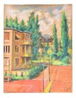 Szőnyi (Steidl) Jenő (1902-1993): Nyári délután (Bp., Rhédey utca, teniszpályák). Pasztell, papír, jelzett, hátoldalán a művész pecsétjével, 39,5×31,5 cm